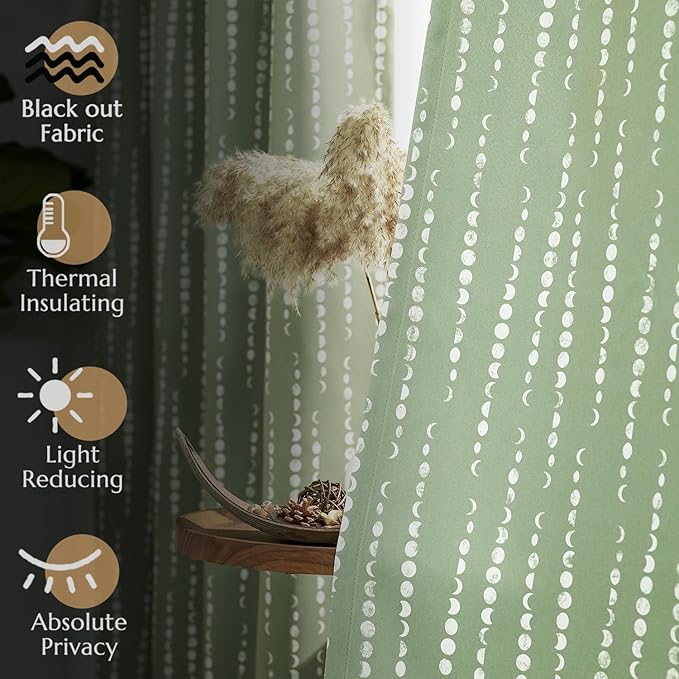 jinchan 95% Blackout Bohemian Moon Phase Print Bedroom Curtains 96 Inch Long Sage Green Pole Mouth Rear Label Insulation for Nursery Curtain Set 2 Panels