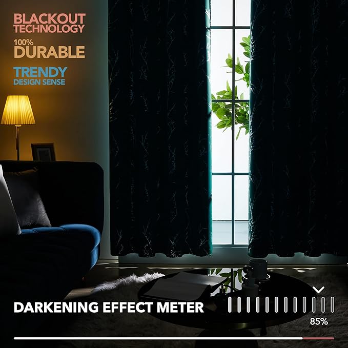 Deconovo Blackout Curtains, Thermal Insulated Soundproof Drapes with Tree Foil Print, 52 x 72 Inch, Set of 2, Machine Washable Window Curtain for Bedroom Living Room Nursery Kitchen Office, Turquoise