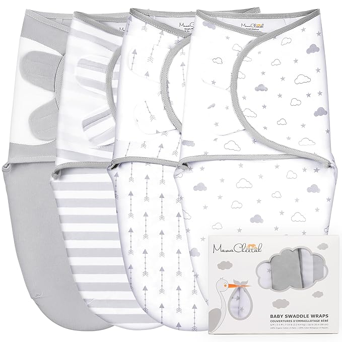 Mama Cheetah Baby Swaddle Sack, Organic Cotton Swaddle Blanket, Adjustable Swaddle Sleep Sacks, Easy Swaddles for Boy Girl 0-3 Month, Baby Essentials, 4-Pack, 4-pack Grey