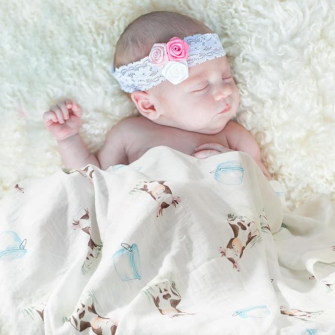 70% Rayon Made from Bamboo 30% Cotton Muslin Swaddle Blanket, 47 x 47 Inches, Cow Print Baby Receiving Blanket, Soft and Breathable, Unisex, 2 Pack