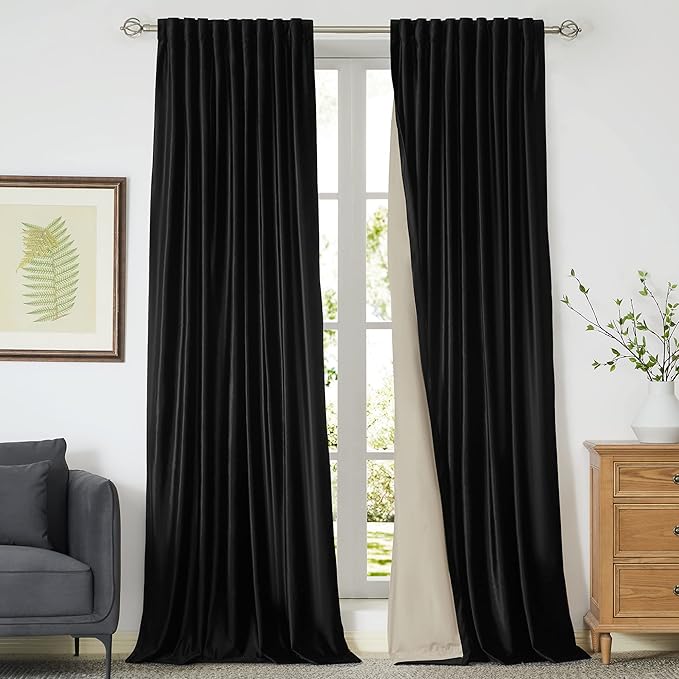 PRIMROSE Blackout Plush Velvet Curtains, Set of 2 Panels, 52"W x 96"L, Black, Modern Style, Room Darkening, Sun Protection, Living Room, Bedroom, Dining Room