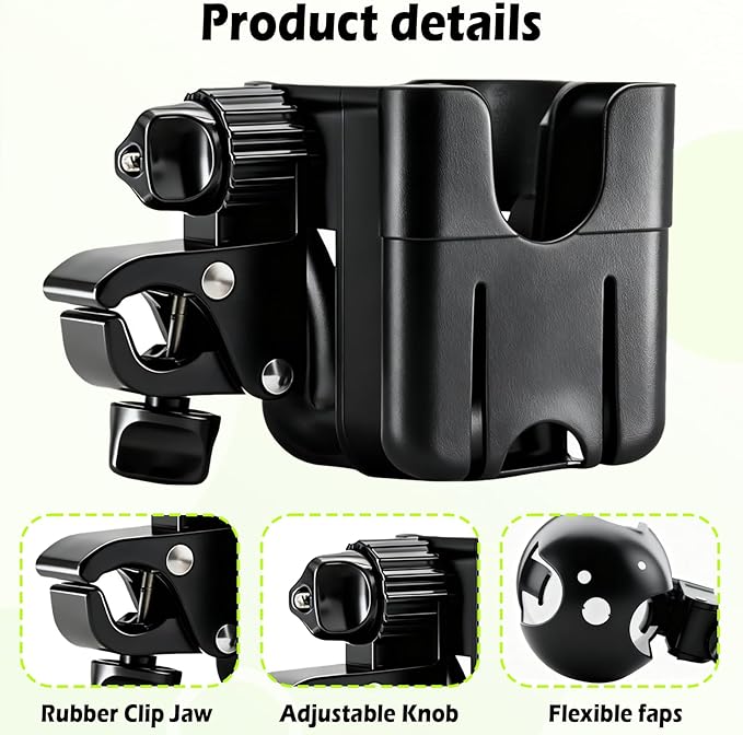 Cup Holder for Stroller Compatible with Evenflo,Uppababy, Doona, Nuna – Universal Stroller Cup Holder Attachment with Phone Holder, 360°Rotatable Bottle Holder for Bike, Wheelchair, Walker & Scooter
