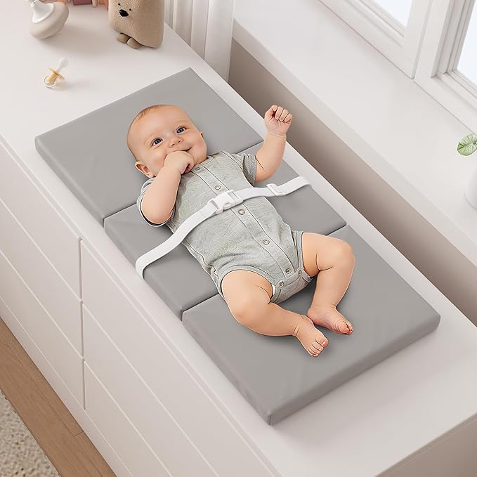 YACODAVO Foldable Baby Changing Pad with Vegan Leather Cover, Standard Side Waterproof & Wipeable Changing Pad for Toddler, Flat Foam Travel Diaper Changing Pad for Dresser and Table, Grey
