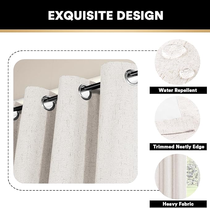 PrinceDeco Primitive Textured 100% Blackout Curtains for Bedroom/Living Room Noise Reducing Window Treatment Curtain Drapes, Burlap Fabric with White Liner,Ivory, 52x84 Inch (2 Panels)