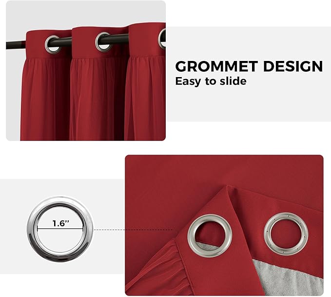 100% Blackout Curtains for Bedroom, Double Layer Red Curtains, Black Out Curtain 108 inch Long with Sheer Overlay for Living Room, Room Darkening Window Drapes with Grommet, 52" W x 108" L