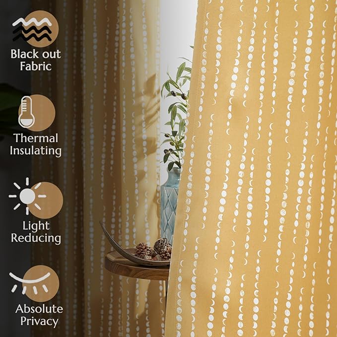 jinchan 95% Blackout Boho Curtains 63 Inch Length Moon Phases Printed Drapes Rod Pocket Thermal Insulated Curtains for Bedroom Nursery Mustard Yellow Window Drapes Curtain Set 2 Panels