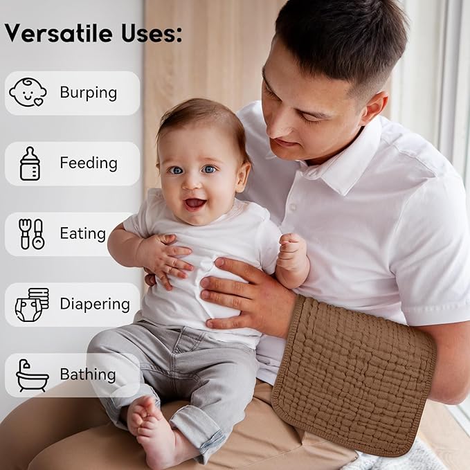 Unnivoll Muslin Burp Cloths for Baby 100% Cotton Burping Cloths for Boys Girls Large 20''X10'' Extra Soft and Absorbent 12 Pack - Gradient Brown