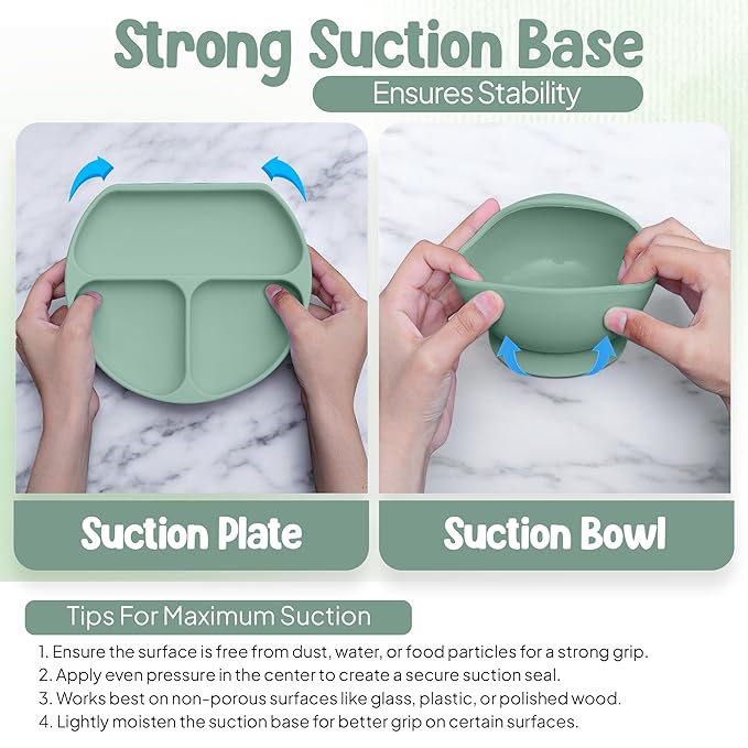 O'doe 17-Piece BPA-Free Silicone Baby Feeding Set | Thick & Soft Suction Plates, Baby Bowls, Wooden Fork & Spoon, and More | Make Mealtime Fun and Easy for Your Little One (Green, V2)
