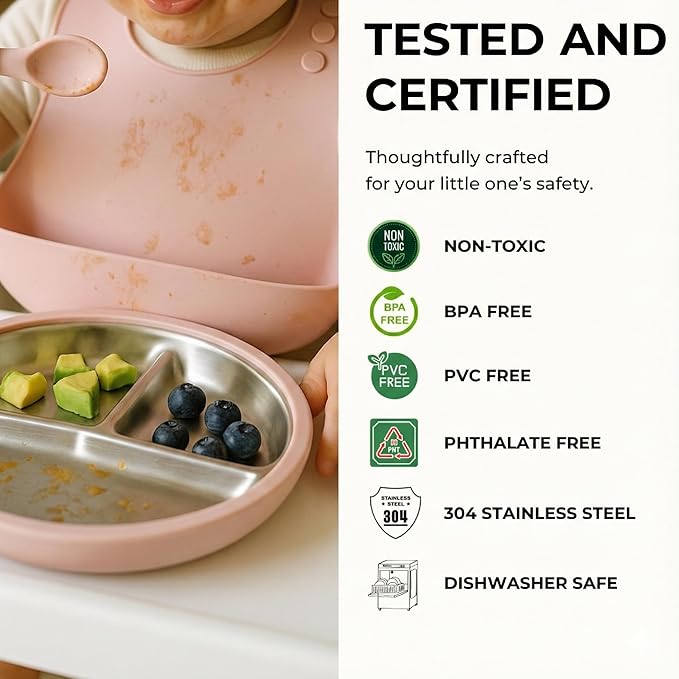 Stainless Steel Toddler Plate with Suction Set of 2, 8” Divided Plates with Removable Silicone Sleeves for Kids, Non Toxic & BPA Free | Non Slip | Unbreakable Baby Dishes, (Tofu & Pearl Blush)