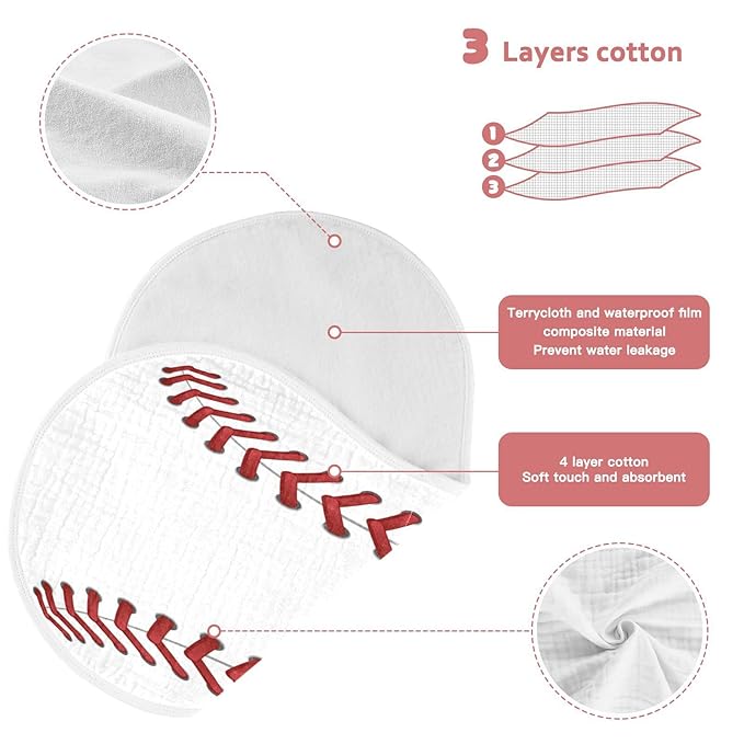 WELLDAY Muslin Baby Burp Cloths Set of 2, Soft Absorbent Sport Baseball Print Muslin Washcloths, Bibs, Face Towel for Newborn Boys Girls, 22 x 11 Inch