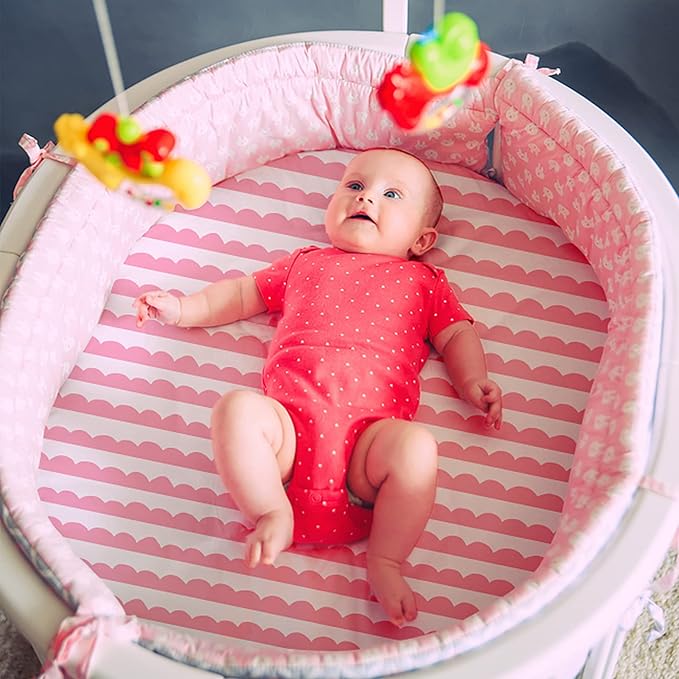 Gllquen Baby Bassinet Sheets Set 2-Pack, Breathable Cozy Bassinet Fitted Sheet Universal Fit Standard Mattress Oval Rectangle Cradle Baby Sheets for Baby Boy Girls Unisex 32"x16" (Pink Flower)