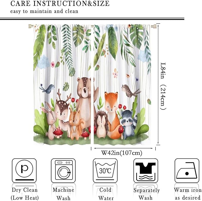 Forest Animal Curtains, Watercolor Wild Animal Bear Fox Deer Kids Window Treatments for Living Room Bedroom,Child Nursery Colorful Wildlife Jungle Forest Living Room Window Drapes Fabric,84x84Inch