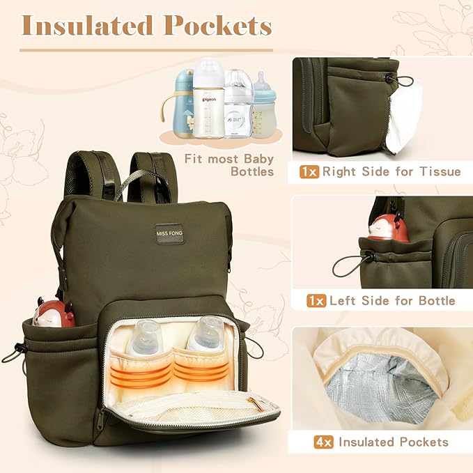 miss fong Diaper Bag Backpack - Baby Diaper Bag Neoprene Bag Large Capacity Neoprene Backpack with Diaper Changing Pad with 12 Pockets Pañaleras Para Bebe Baby Bag for Mom & Dad -Green