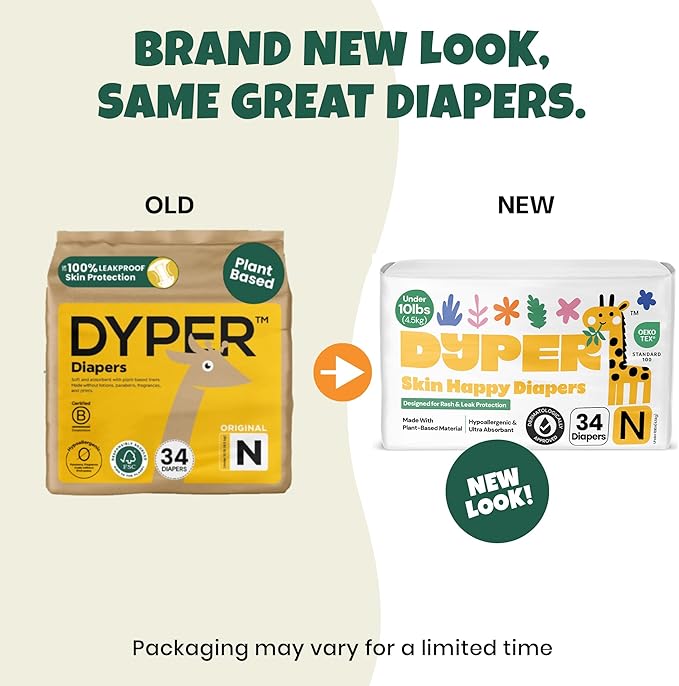 DYPER - Newborn Diapers Size 0 (34Count) - Plant Based Disposable Diapers for Day and Overnight Premium Leak Protection, Skin-Friendly Comfort with Soft Baby Diapers (>10 lbs)