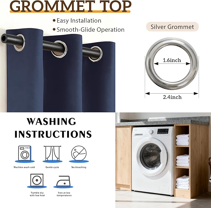 100% Blackout Curtains 54 Inch Length for Bedroom Living Room, Grommet Thermal Insulated Room Darkening Drapes, Light Blocking Window Treatment Decor, 2 Panels, 37x54, Navy Blue