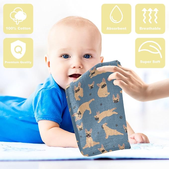 vvfelixl Baby Cotton Washcloths French Bulldog Pug Infants Bath Towel for Unisex Puppy Face Towels for Newborn, Natural Baby Wipes Delicate Skin, 11.8 X 11.8 inch, one sizex5