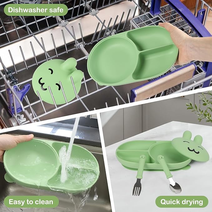 Silicone Baby Plate,Toddler plates,Self-feeding of infants after weaning, 100% Food Grade Silicone, BPA Free, Baby Dinnerware, Baby Plates With Suction, Divided Plate for Babies (green)