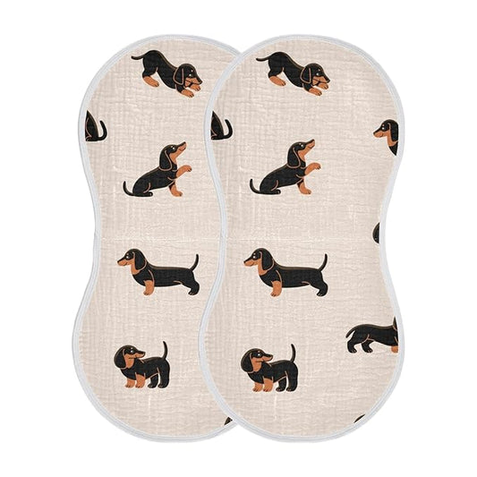 WELLDAY Muslin Baby Burp Cloths Set of 2, Soft Absorbent Cute Dogs Dachshunds Muslin Washcloths, Bibs, Face Towel for Newborn Boys Girls, 22 x 11 Inch