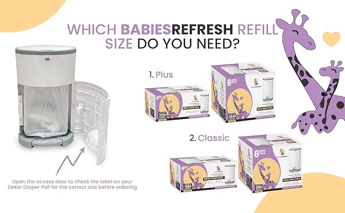BabiesRefresh Refills Compatible with DEKOR PLUS Diaper Pail Refills | 8 Pack | Diaper Pail Odor Eliminator| Fresh Powder Scent | Each Diaper Bag Refill Holds up to 4640 Diapers | Diaper bin refill