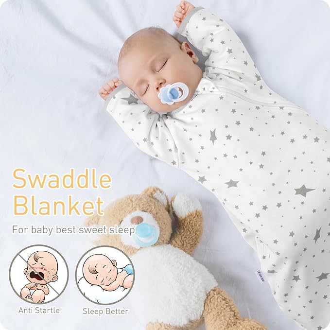 Transitional Swaddle Sack with Arms Up Length Sleeves and Mitten Cuffs 6-12 Months Wearable Swaddling Blanket Sleeping Bag Cotton for Newborns Baby Boys Girls Sleep Sacks Snug Fit Calms Startle Reflex