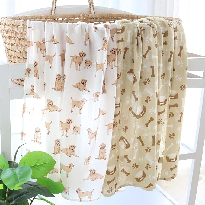 LifeTree Baby Swaddle Blankets, Boys Girls Muslin Swaddling Wrap Receiving Blanket for Newborn, 70% Viscose Bamboo and 30% Cotton, Large 47" x 47", Labrador and Bone