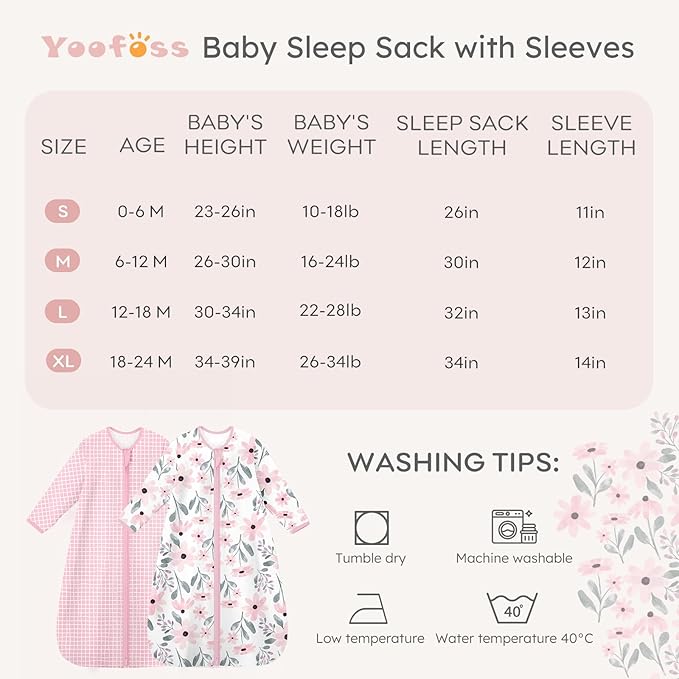 Yoofoss Baby Sleep Sack 6-12 Months Long Sleeve Wearable Blanket Baby 100% Cotton 2-Way Zipper 0.5 Tog Infants Sleeping Sack, Lightweight(Medium)