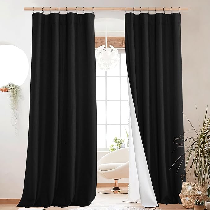NICETOWN Black out Linen Curtains for Living Room with Back Tab, Complete Blackout Shades for Large Window Door, 100% Blackout Window Curtain Panels with White Lined, 52" Width by 95" Length, 2 Pieces