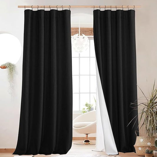 NICETOWN Black out Linen Curtains for Living Room with Back Tab, Complete Blackout Shades for Large Window Door, 100% Blackout Window Curtain Panels with White Lined, 52" Width by 95" Length, 2 Pieces