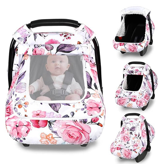 Winter Car Seat Cover Baby with Sunshade & Dual Zipper Windows - Minky Bubble Lined Windproof Soft Shell, Warm Newborn Car Seat Canopy Covers, Elastic Bottom for Stroller & Infant Car Seat, Floral