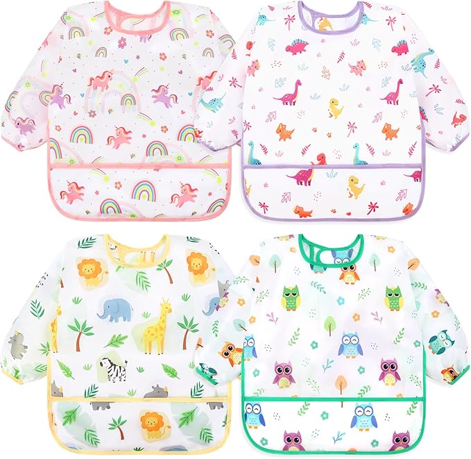 Accmor 4 Pack Long Sleeve Bibs, Baby Smock Waterproof Sleeved Bib Smock for Baby Toddler 6-36 Months