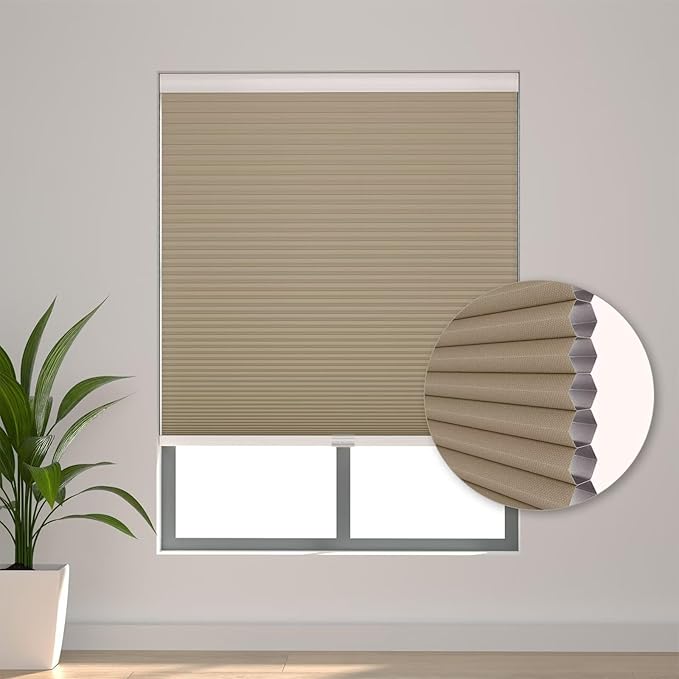 Changshade Blackout Cellular Shades Cordless Blinds for Indoor Windows, Room Darkening Honeycomb Pull Down 1.5" Cell for Bedroom, Bathroom, Nursey, Brown, Shade Size 39.5 Inch Width, 72 Inch Height