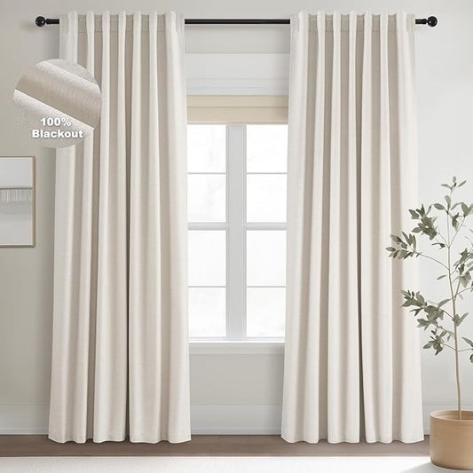 Topfinel 120 Inches Long Extra Long Pinch Pleat Faux Linen Curtains for Living Room,neutral Linen 100 Percent Blackout Floor To Ceiling Farmhouse Sound Absorbing Drapes 2 Panels for Track System 10 FT