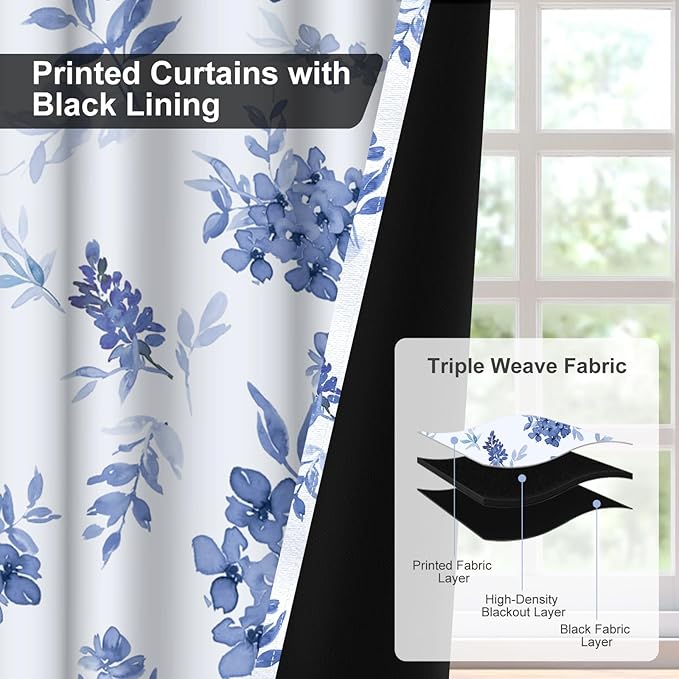 Blackout Curtains 84 inch Length 2 Panels Set, Blue Floral Print Thermal Privacy Grommet Winter Black Out Curtains for Bedroom with Black Liner, Rustic Soundproof Window Drapes for Living Room Nursery