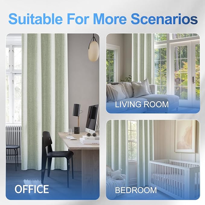 Linen 100% Blackout Curtains for Bedroom, Black Out Curtains 45 Inch Long, Room Darkening Curtains for Living Room, Long Curtain Grommets Drapes, Thermal Curtains(2 Panels, Light Green)