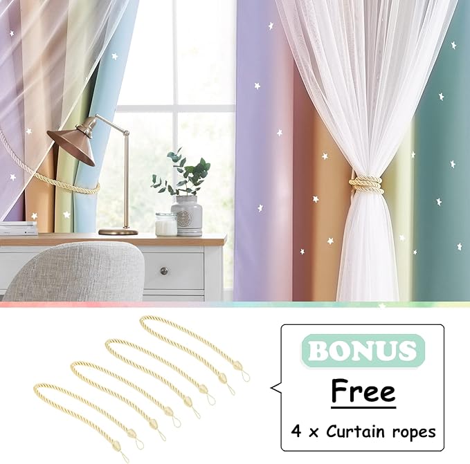 NICETOWN Rainbow Curtains for Baby, Kids Room Decor for Girls, Starry Drapes Overlapped with Tulle, Romantic Princess Decor for Girls (1 Pair = 104 inches Wide, Rainbow-3, 4 Tiebacks Included)