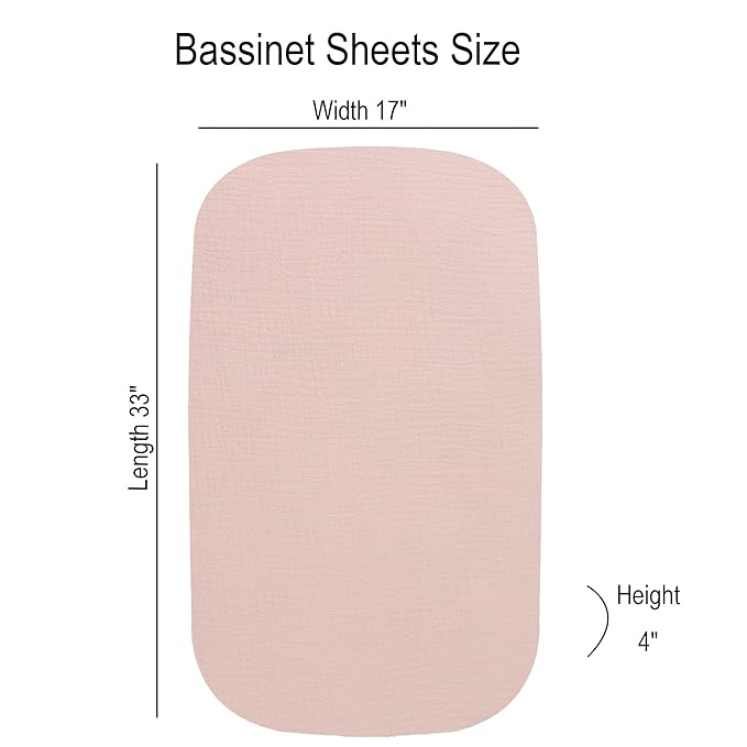 Onacosht Muslin Bassinet Sheets 3 Pack, 100% Cotton Baby Fitted Sheet 33" X 17" for Standard Rectangle Round Oval and Hourglass Bassinet Mattress, Pink and Feather