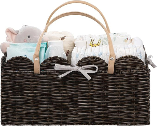HBlife Baby Diaper Caddy Organizer, Portable Scalloped Plastic Wicker Woven Basket with Divider, Nursery Diaper Station, Baby Shower Gifts Basket, Car Organizer, Washable Waterproof