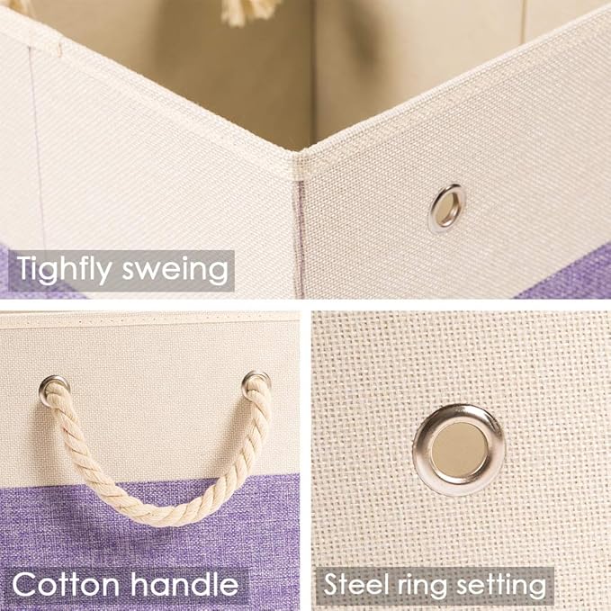 PRANDOM Large Foldable Cube Storage Bins 13x13 inch [2-Pack] Fabric Linen Storage Baskets Cubes Drawer with Cotton Handles Organizer for Shelves Nursery Closet Bedroom Purple