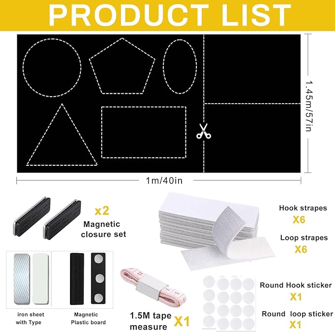 100% Blackout Window Cover Curtains for Bedroom 57x40Inch,No Drill,DIY Cut Portable Removable Black out Shades Blinds Cover for Baby Nursery,RV,Media Room,Hook&Loop Tape Straps Stickers,Magnetic Clips