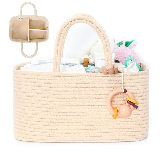 Miss Fong Diaper Caddy Organizer - Portable Caddy with Removable Dividers, Travel Basket & (Creme)