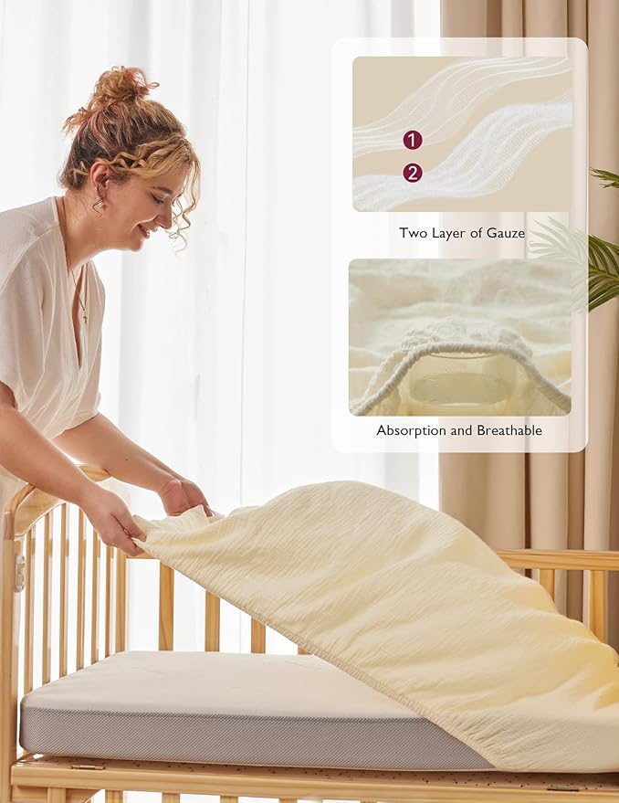 Momcozy Muslin Mini Crib Sheets Fitted - 38''x26'' Pack and Play Sheets for Pack N Play Mattress, 2 Pack Soft & Breathable Natural Cotton Non Slip Bed Cover for Boys, Girls, Beige Blush