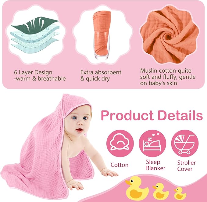Peryiter 4 Pcs Muslin Hooded Baby Towels 32x32inch Cotton Newborn Bath Essentials Muslin Infant Blankets Absorbent Registry Baby Shower Present for Babies Girl Boy Kids (Rainbow Colors)