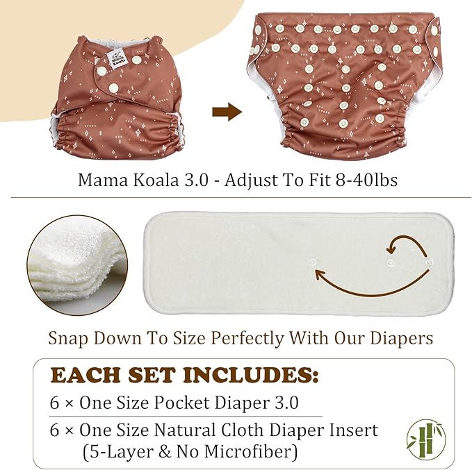 Mama Koala 3.0 Cloth Diapers for Babies with AWJ Lining, 6 Pack with 6 5-Layer Natural Cloth Diaper Inserts - Reusable and Washable Pocket Diapers(A-Full of Hope)