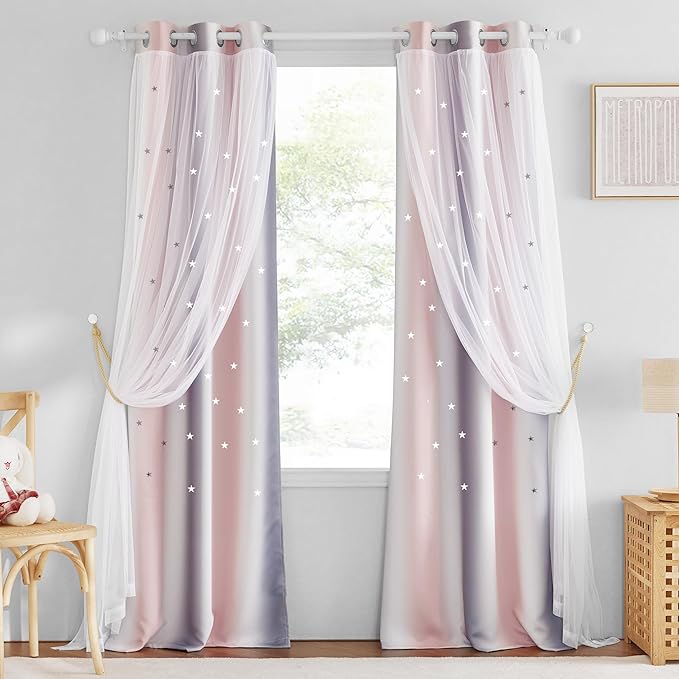 NICETOWN 2 Panels Stars Blackout Curtains for Bedroom Girls Kids Baby Window Decoration Double Layer Star Cut Out Aesthetic Living Room Decor Wall Home Curtain, W34 x L84 Inches, Pink & Grey