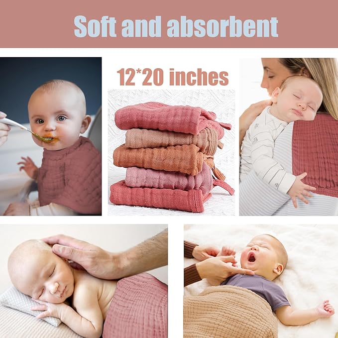 SnugOre Muslin Burp Cloths 5 Pack Large 20x12 inches Baby Burping Cloths, 6-Layer 100% Cotton for Newborn Boys Girls, Ultra Soft & Absorbent (Pink & Coffee)