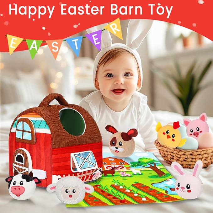 Avesa Baby Toys 6-12 Months - Soft Barn Toy with Stuffed Farm Animals, Rattle - Montessori Toys for Babies 6 Months Old Sensory Infant Toy Baby Valentines Day Gifts Easter Basket Stuffers