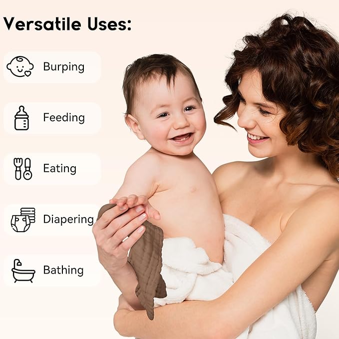 Unnivoll Muslin Baby Washcloths 6 Pack, 100% Cotton Wash Cloths for Babies, Large 12''X12'' Burp Cloths Absorbent and Soft for Newborn Infants Kids Boys Girls - Gradient Brown