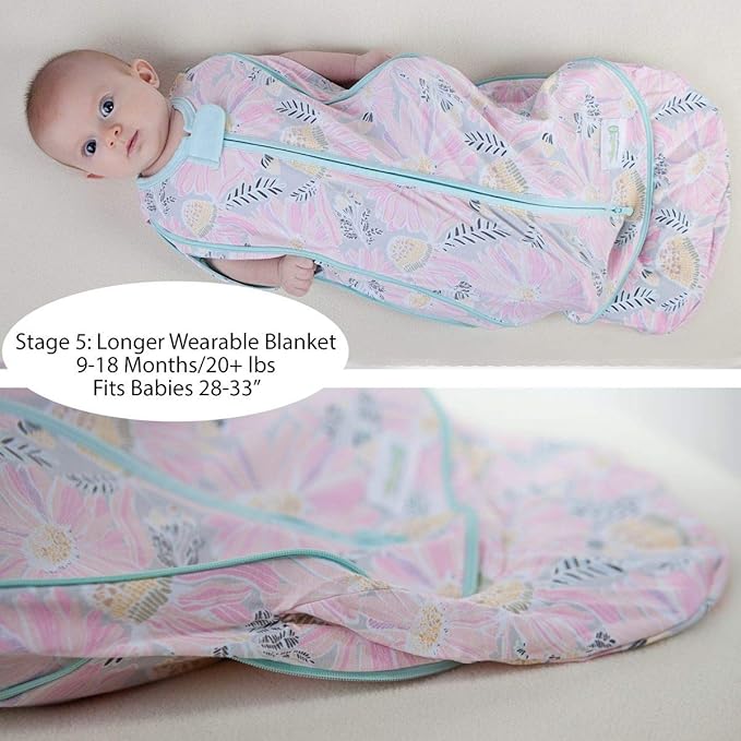 Woombie Grow with Me Baby Swaddle, Convertible Swaddle Fits 0-9 Months, Expands to Wearable Blanket for up to 18 Months, Elephants Pink