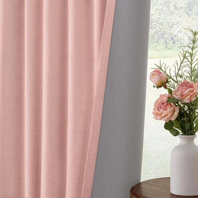 INOVADAY 100% Blackout Curtains for Bedroom, Black Out Curtains 84 Inch Long, Clip Rings Linen Blackout Drapes, Thermal Insulated Room Darkening for Living Room, 1 Panel - Blush Pink,W102xL84