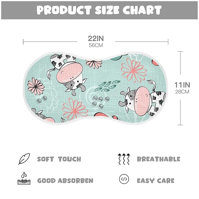 Kigai Cow Muslin Baby Burp Cloths, Large Absorbent Cotton Muslin Burp Cloths Set of 1, Washcloths, Face Towel, Bibs for Newborn Boys Girls, 11 x22 Inch